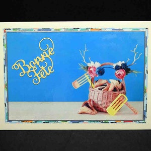 Carte pour fêtes juives motif Pourim photo panier pour pourim avec gateaux d'oreilles d'aman et crécelles