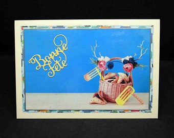 Carte pour fêtes juives motif Pourim photo panier pour pourim avec gateaux d'oreilles d'aman et crécelles