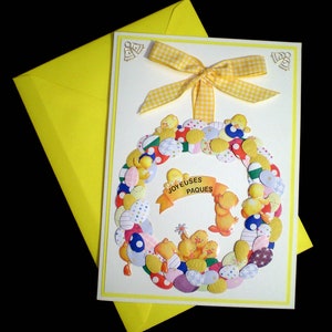 Carte de Pâques en 3D aux motifs couronne aux oeufs de Pâques et poussins