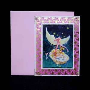 Carte pour naissance blanche et rose petite fille motif bébé dans un panier en 3D