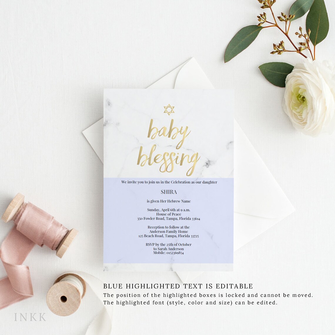 Marble Gold Jewish Baby Blessing Invitation Baby Girl Baby