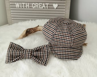 Wool Newsboy Cap & Bow Tie for Pet, Grey Tweed Dog Hat, Ring Bearer Dog Outfit, Vintage Pet Accessory