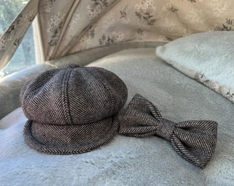 Wool Newsboy Cap & Bow Tie for Dog - Grey Tweed New 03