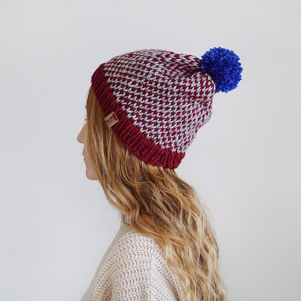 Hand Knitted Slouchy Hat in Burgundy Red and Light Gray with Blue Pom Pom for Winter Season