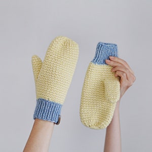 Cotton-Merino Full Coverage Mittens, Crochet and Knitted Gloves in Yellow and Baby Blue, Extra Thick Winter Mittens for Women