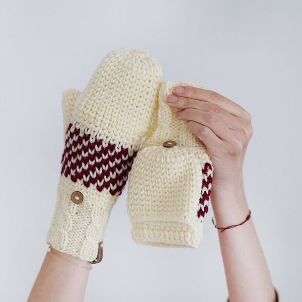Wool Fingerless Mittens in Cream and Red, Thick Winter Gloves for Women, Crochet Convertible Mittens