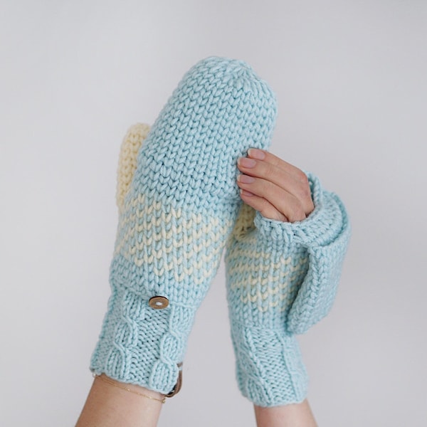 Convertible Mittens for Women, Light Blue Gloves With Nordic Style, Winter Mittens with Fingerless Design
