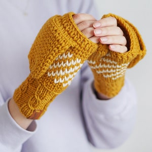 Winter Convertible Mittens for Women, Mustard Yellow Gloves With Nordic Design, Extra Thick Arm Fingerless Mittens Mustard and cream