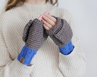 Fingerless Mittens, Wool Gloves For Women, Winter Accessories, Convertible Mittens in Brown and Blue