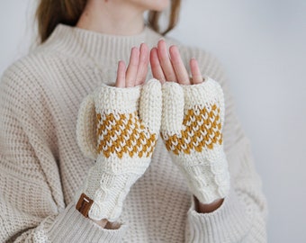 Winter Mittens for Women, Cream Convertible Gloves, Fingerless Mittens With Nordic Style