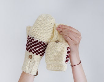 Wool Fingerless Mittens in Cream and Red, Thick Winter Gloves for Women, Crochet Convertible Mittens