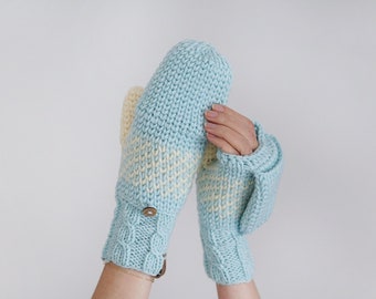 Convertible Mittens for Women, Light Blue Gloves With Nordic Style, Winter Mittens with Fingerless Design