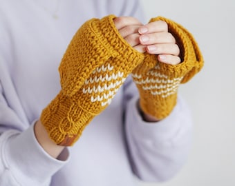 Winter Convertible Mittens for Women, Mustard Yellow Gloves With Nordic Design, Extra Thick Arm Fingerless Mittens
