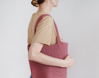 Bolso de mano de ganchillo, bolso de compras de algodón ecológico rosa, bolso de mano de mercado hecho a mano, bolso texturizado de punto, bolso de hombro grande