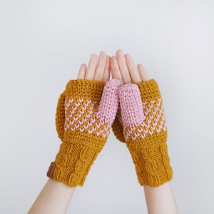 Winter Convertible Mittens for Women, Mustard Yellow Gloves With Nordic Design, Extra Thick Arm Fingerless Mittens Mustard and pink