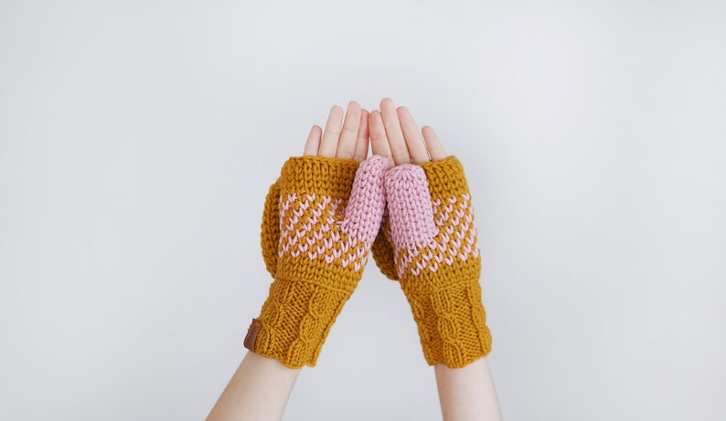 Winter Convertible Mittens for Women, Mustard Yellow Gloves With Nordic Design, Extra Thick Arm Fingerless Mittens Mustard and pink