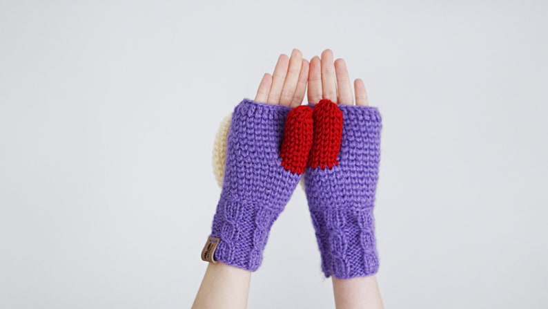 Purple Convertible Mittens for Women, Winter Accessories, Colorful Wool Gloves, Arm Warmers image 2