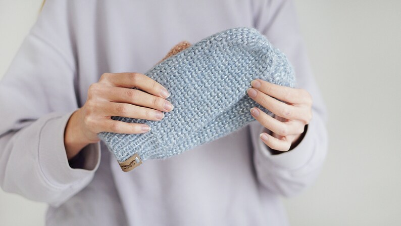 Manoplas de lana Mohair para mujer, guantes totalmente cubiertos de invierno azul, manoplas de punto delicadas imagen 4