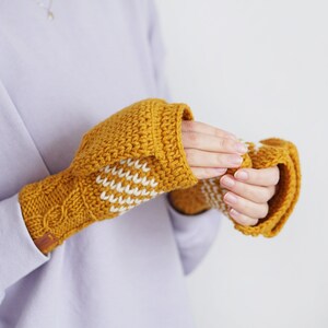 Winter Convertible Mittens for Women, Mustard Yellow Gloves With Nordic Design, Extra Thick Arm Fingerless Mittens image 2