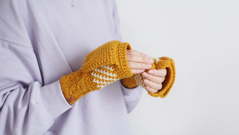 Winter Convertible Mittens for Women, Mustard Yellow Gloves With Nordic Design, Extra Thick Arm Fingerless Mittens image 2