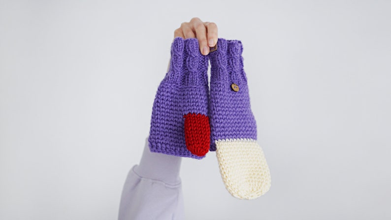 Purple Convertible Mittens for Women, Winter Accessories, Colorful Wool Gloves, Arm Warmers image 5