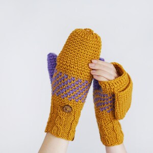 Winter Convertible Mittens for Women, Mustard Yellow Gloves With Nordic Design, Extra Thick Arm Fingerless Mittens image 6