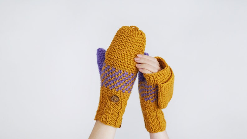 Winter Convertible Mittens for Women, Mustard Yellow Gloves With Nordic Design, Extra Thick Arm Fingerless Mittens image 6