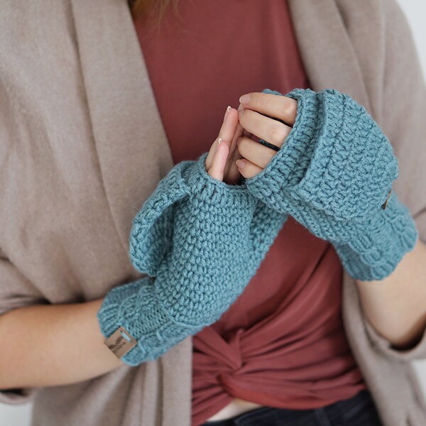 Convertible Mittens From Thick Wool Yarn, Winter Gloves For Women in Turquoise Blue, Flip Top Gloves