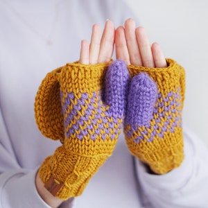 Winter Convertible Mittens for Women, Mustard Yellow Gloves With Nordic Design, Extra Thick Arm Fingerless Mittens Mustard and purple