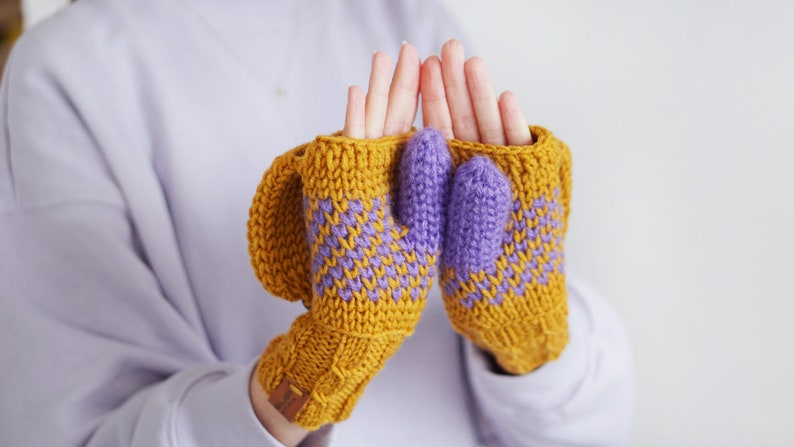 Converteerbare winterwanten voor dames, mosterdgele handschoenen met Scandinavisch design, extra dikke armvingerloze wanten Mustard and purple