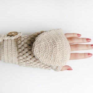 Made to Order | Fingerless Mittens With Flip Flap In Beige | Wool Gloves for Winter | Convertible Mittens for Women