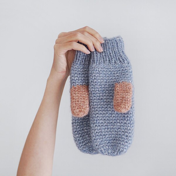 Mohair Wool Mittens for Women, Blue Winter Fully Covered Gloves, Delicate Knitted Mittens