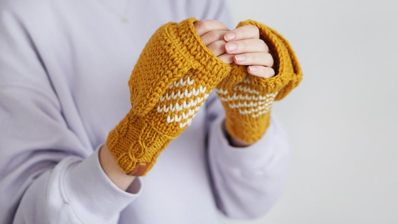 Winter Convertible Mittens for Women, Mustard Yellow Gloves With Nordic Design, Extra Thick Arm Fingerless Mittens Mustard and cream