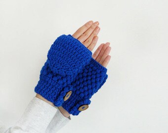 Crochet Convertible Mittens | Winter Wool Gloves | Flip Top Mittens | Women Fingerless Gloves in Red or Blue