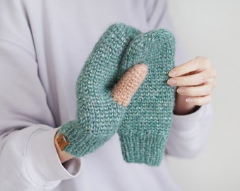 Traditional Mittens for Women in Green and Pink, Delicate Mohair Winter Gloves, Wool Mittens