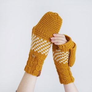 Winter Convertible Mittens for Women, Mustard Yellow Gloves With Nordic Design, Extra Thick Arm Fingerless Mittens image 4