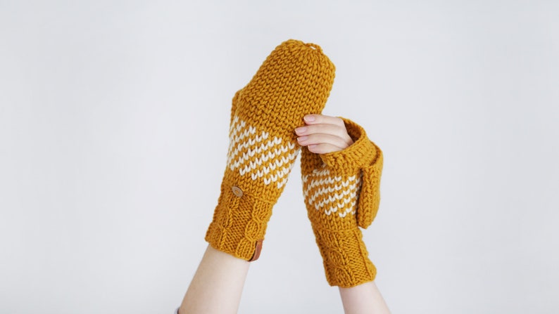 Winter Convertible Mittens for Women, Mustard Yellow Gloves With Nordic Design, Extra Thick Arm Fingerless Mittens image 4