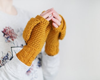 Mustard Yellow Mittens | Wool Convertible Mittens | Crochet Fingerless Gloves | Flip Top Mittens | Fall Accessories | Beige and Green