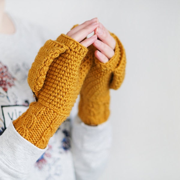 Mustard Yellow Mittens | Wool Convertible Mittens | Crochet Fingerless Gloves | Flip Top Mittens | Fall Accessories | Beige and Green