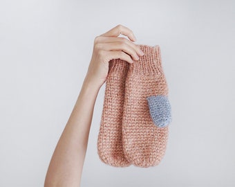 Fully Covered Mohair Wool Mittens for Women, Pink and Blue Winter Gloves, Delicate Knitted Mittens