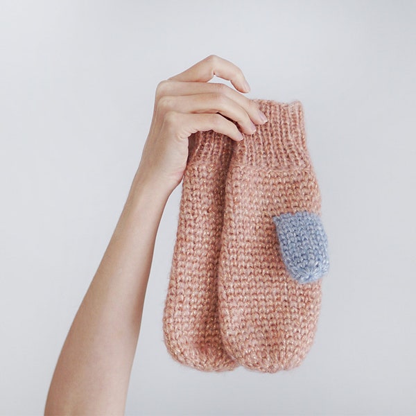 Fully Covered Mohair Wool Mittens for Women, Pink and Blue Winter Gloves, Delicate Knitted Mittens
