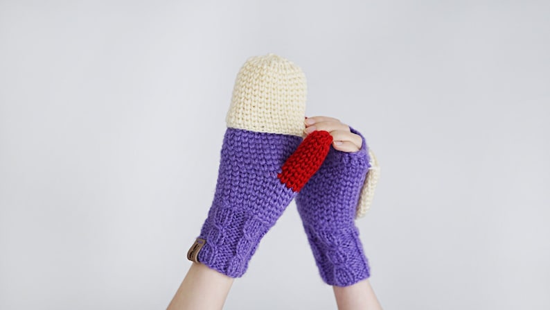 Purple Convertible Mittens for Women, Winter Accessories, Colorful Wool Gloves, Arm Warmers image 1