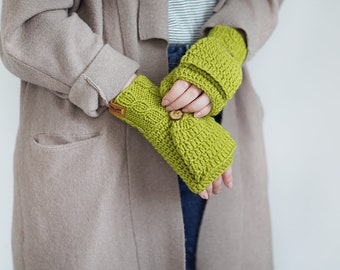 Apple Green Mittens | Wool Convertible Mittens | Crochet Fingerless Gloves | Flip Top Mittens | Fall Accessories