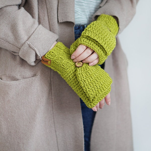 Apple Green Mittens | Wool Convertible Mittens | Crochet Fingerless Gloves | Flip Top Mittens | Fall Accessories