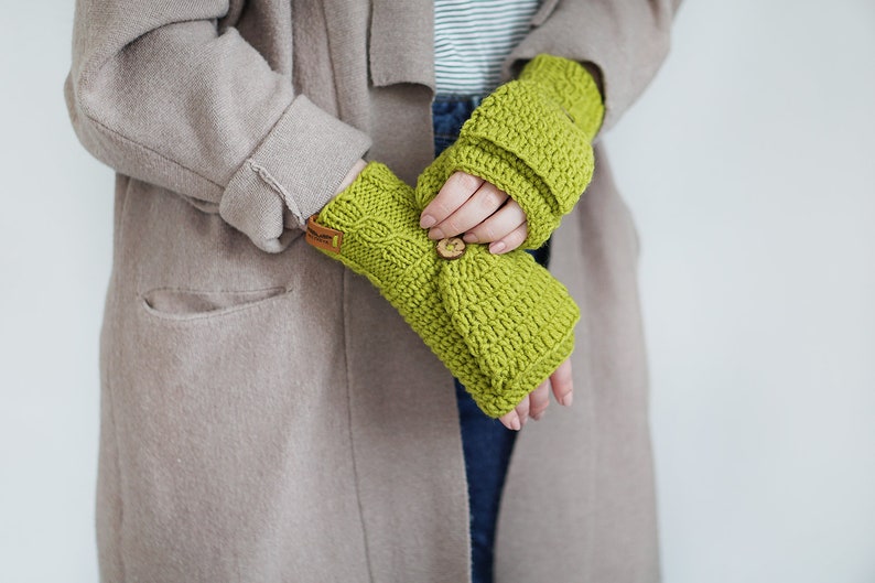 Apple Green Mittens Wool Convertible Mittens Crochet Fingerless Gloves Flip Top Mittens Fall Accessories Apple Green