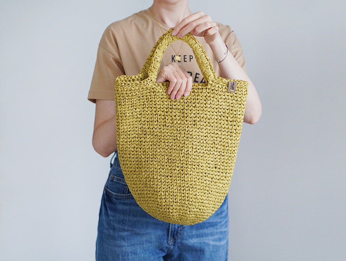 Hand Crochet Raffia Tote Bag in Lemon Green Color Light - Etsy