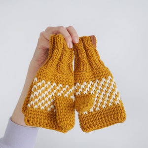 Winter Convertible Mittens for Women, Mustard Yellow Gloves With Nordic Design, Extra Thick Arm Fingerless Mittens image 3