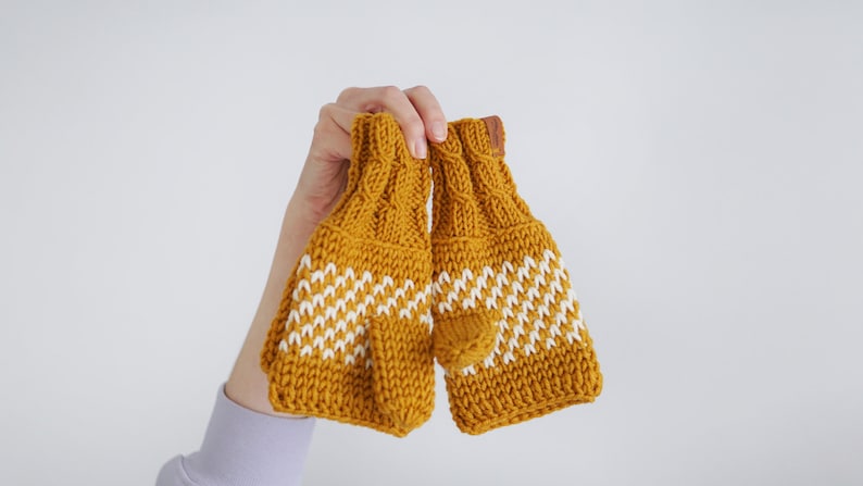 Converteerbare winterwanten voor dames, mosterdgele handschoenen met Scandinavisch design, extra dikke armvingerloze wanten afbeelding 3