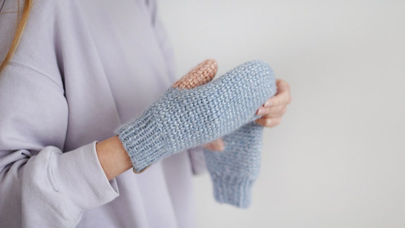 Mohair Wool Mittens for Women, Blue Winter Fully Covered Gloves, Delicate Knitted Mittens image 3