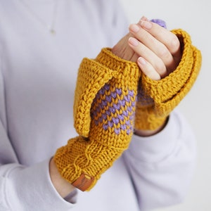 Winter Convertible Mittens for Women, Mustard Yellow Gloves With Nordic Design, Extra Thick Arm Fingerless Mittens image 7